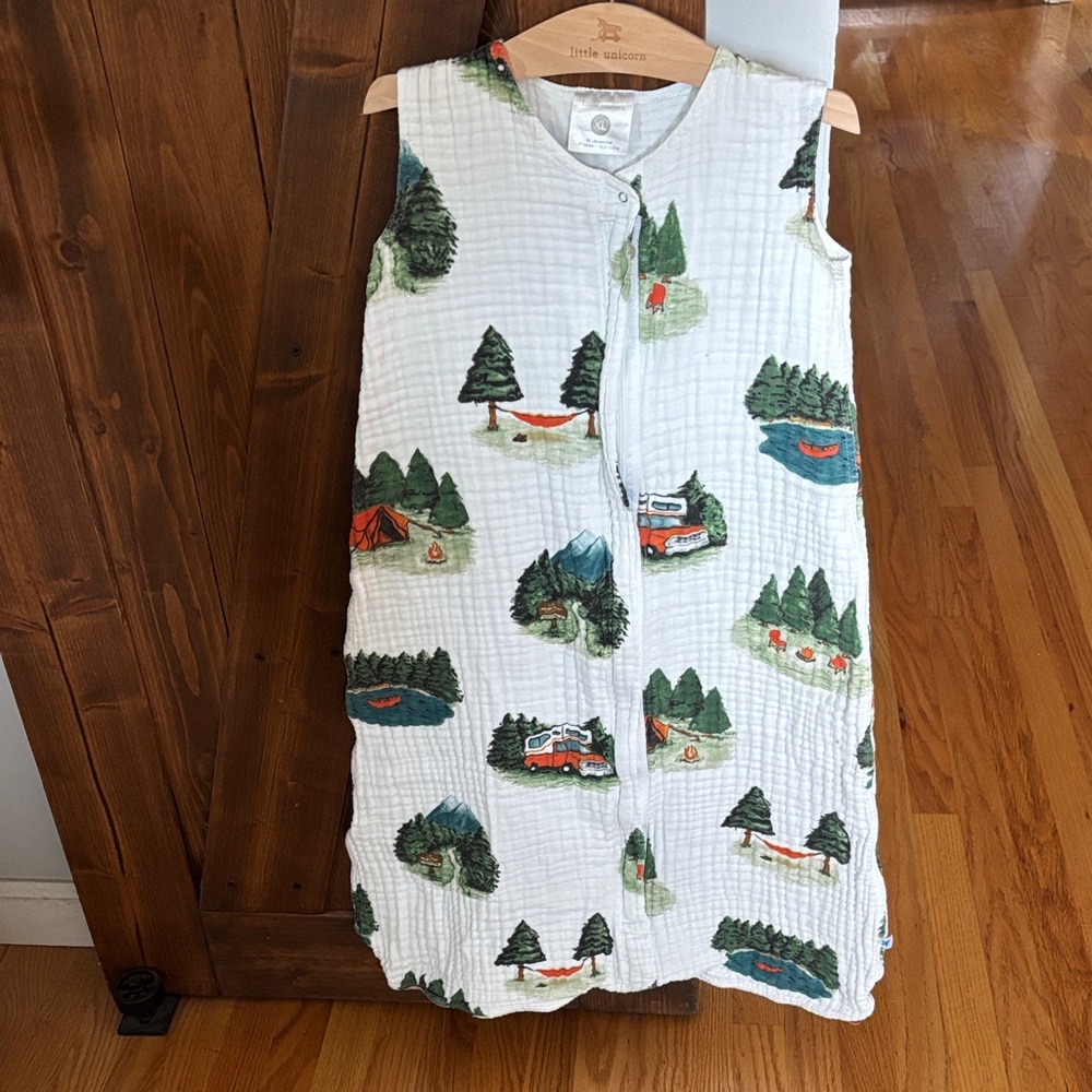 White Muslin Sleeping Bag - Kids Camping Print